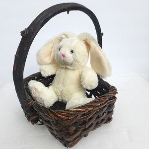 Classic White Furry Easter Bunny in Vintage Woven Basket
